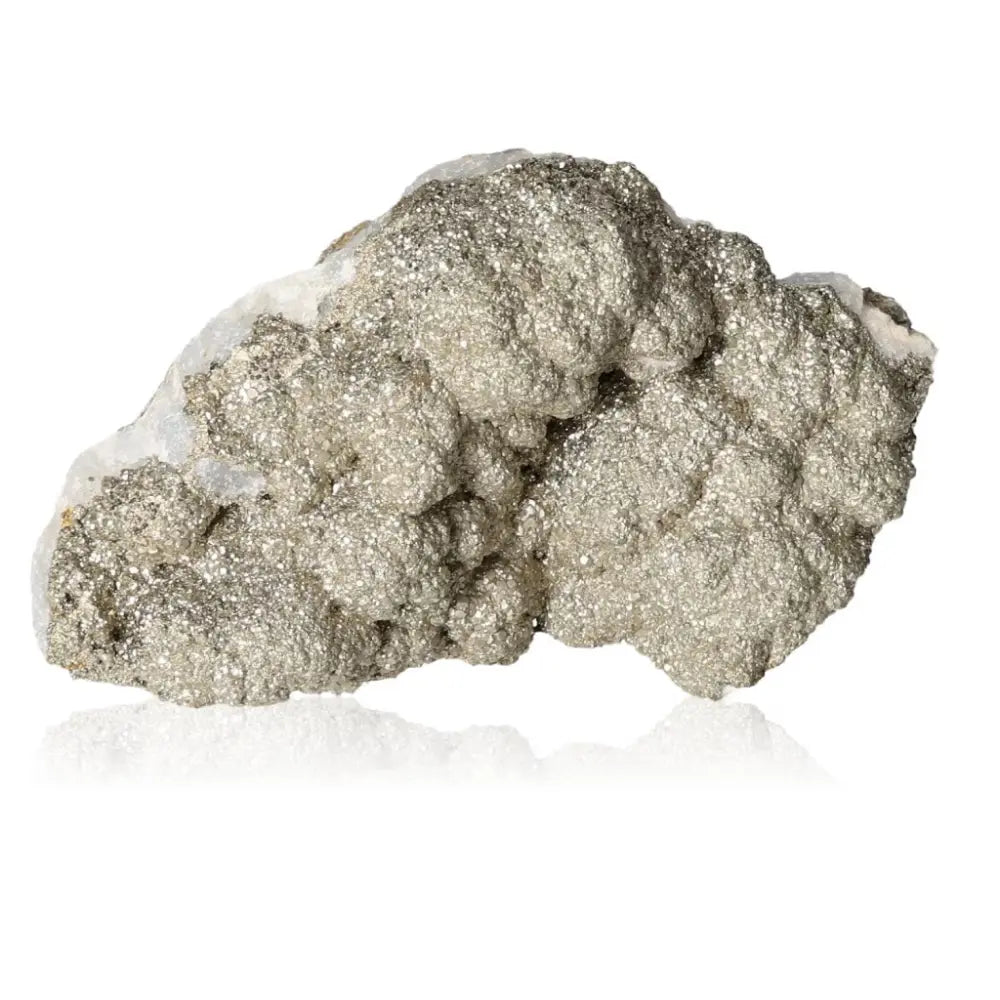 Quartz with Pyrite mineral specimen showcasing golden metallic luster, known as "Fool's Gold," symbolizing abundance and prosperity.