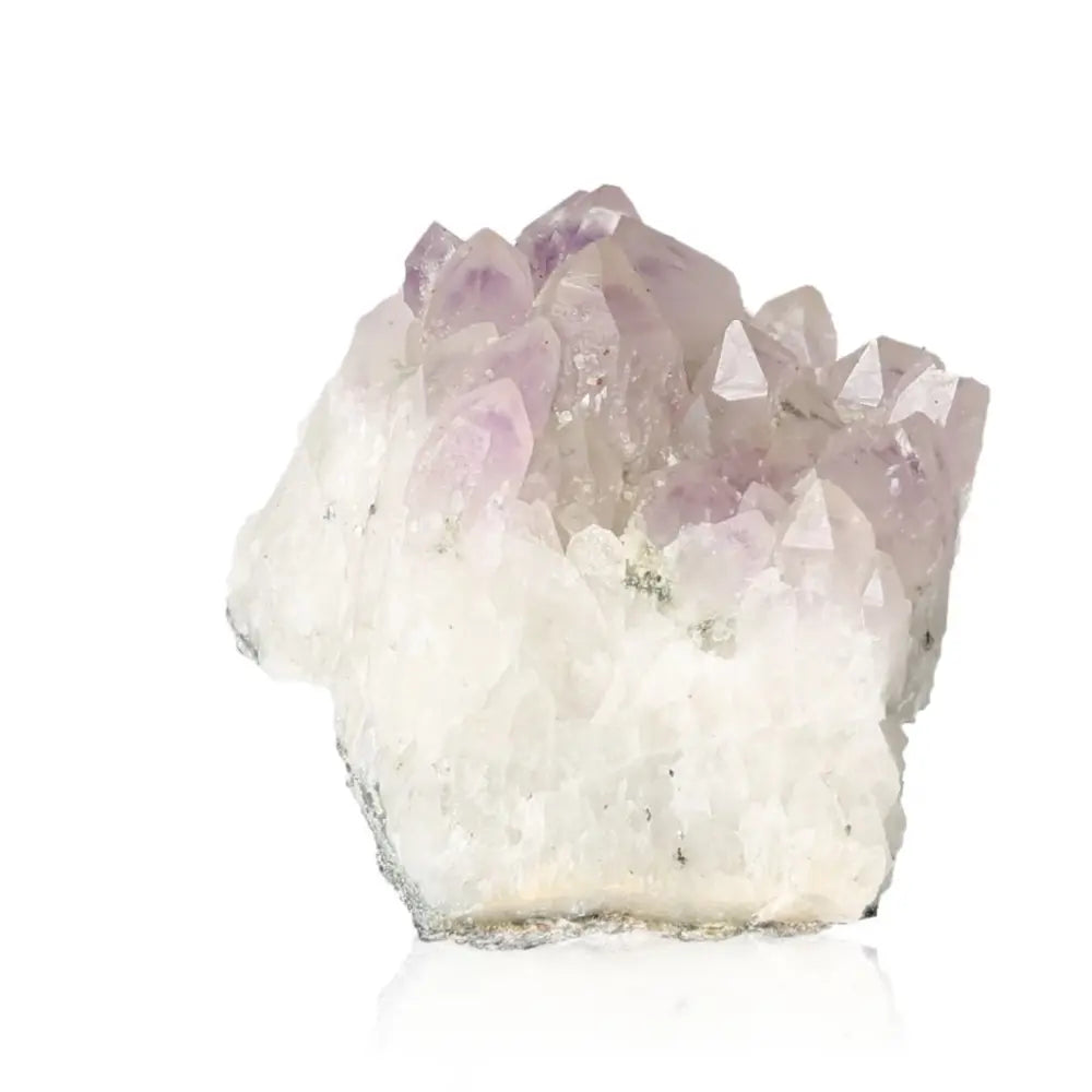 Amethyst crystal cluster, a stunning gemstone renowned for stress relief and energy infusion, enhancing concentration and emotional balance.