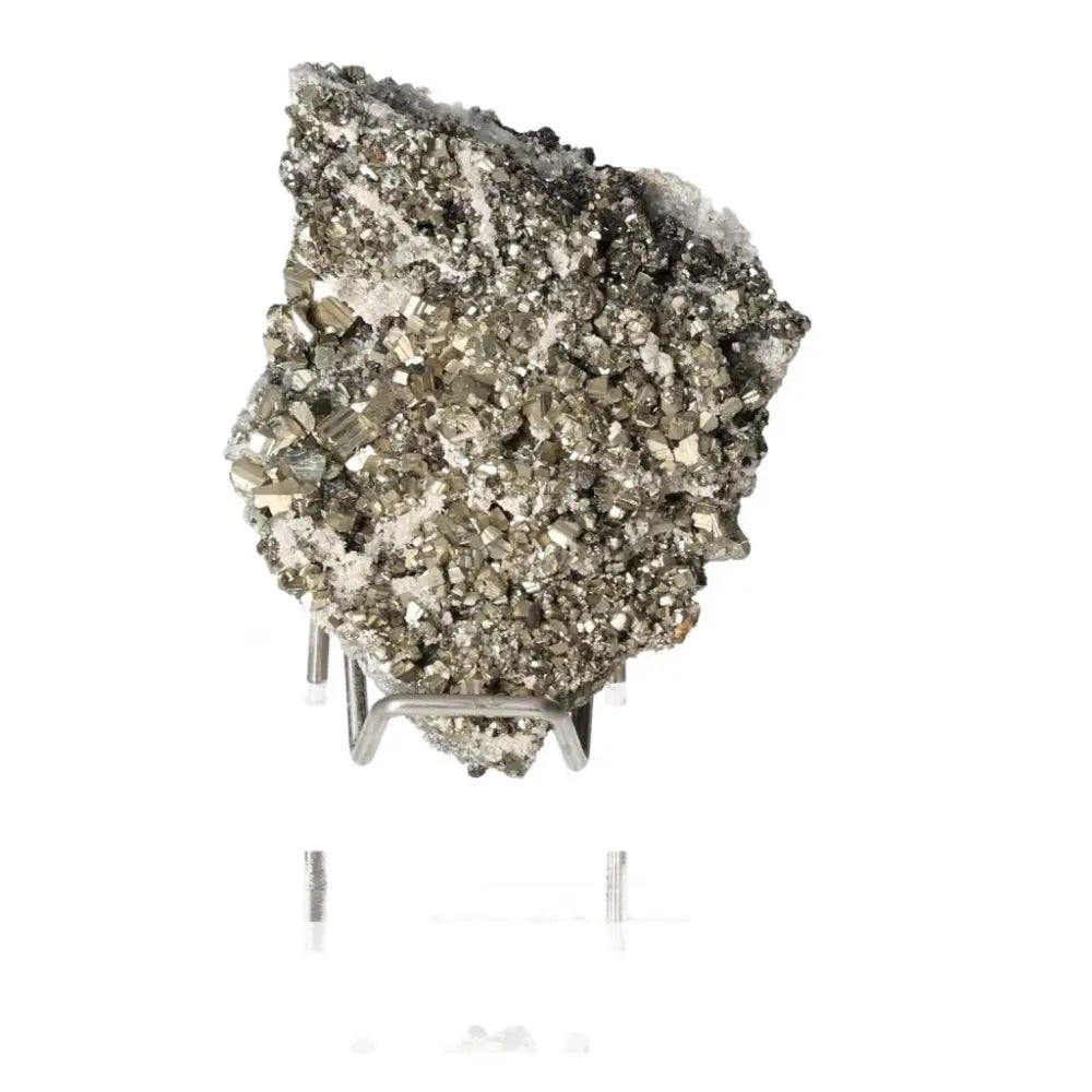 Pyrite mineral rock displaying metallic luster and golden hues, known as "Fool's Gold," symbolizing abundance and prosperity.
