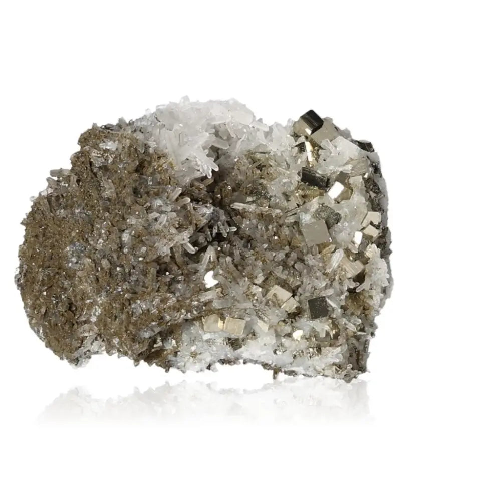 "Pyrite with Quartz crystal, showcasing a brilliant golden hue and lustrous metallic sheen, known for prosperity and abundance"