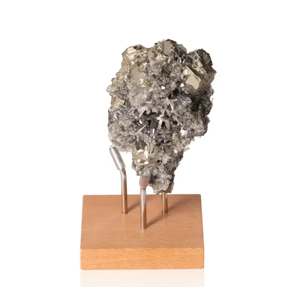 Pyrite with Quartz, Sphalerite, and Galena mineral on display stand, showcasing luxury and spirituality by Sylvia Crystals.