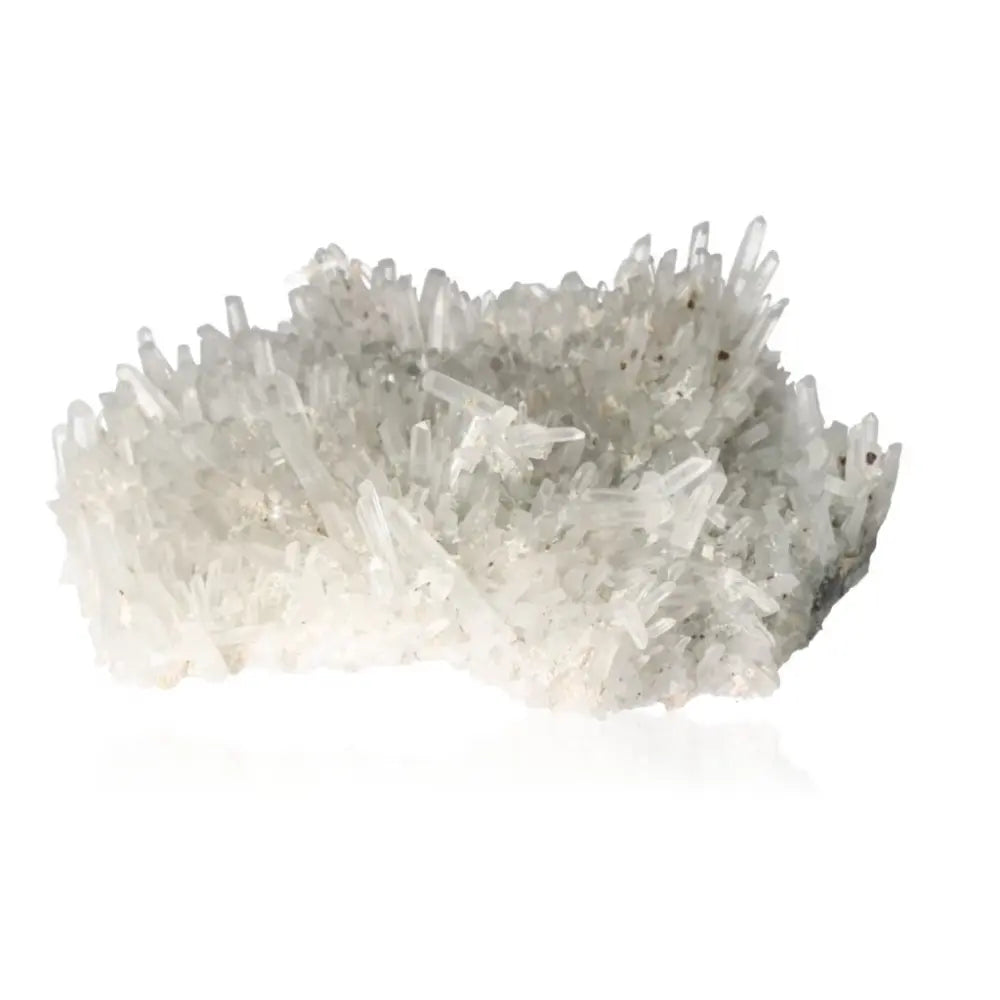 Quartz crystal cluster showcasing stunning clarity and sparkle, embodying purity and enhancing energy flow for balance and focus.