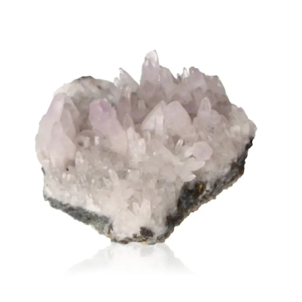 Raw amethyst crystal cluster with light purple hues, showcasing natural beauty and tranquility-enhancing properties.