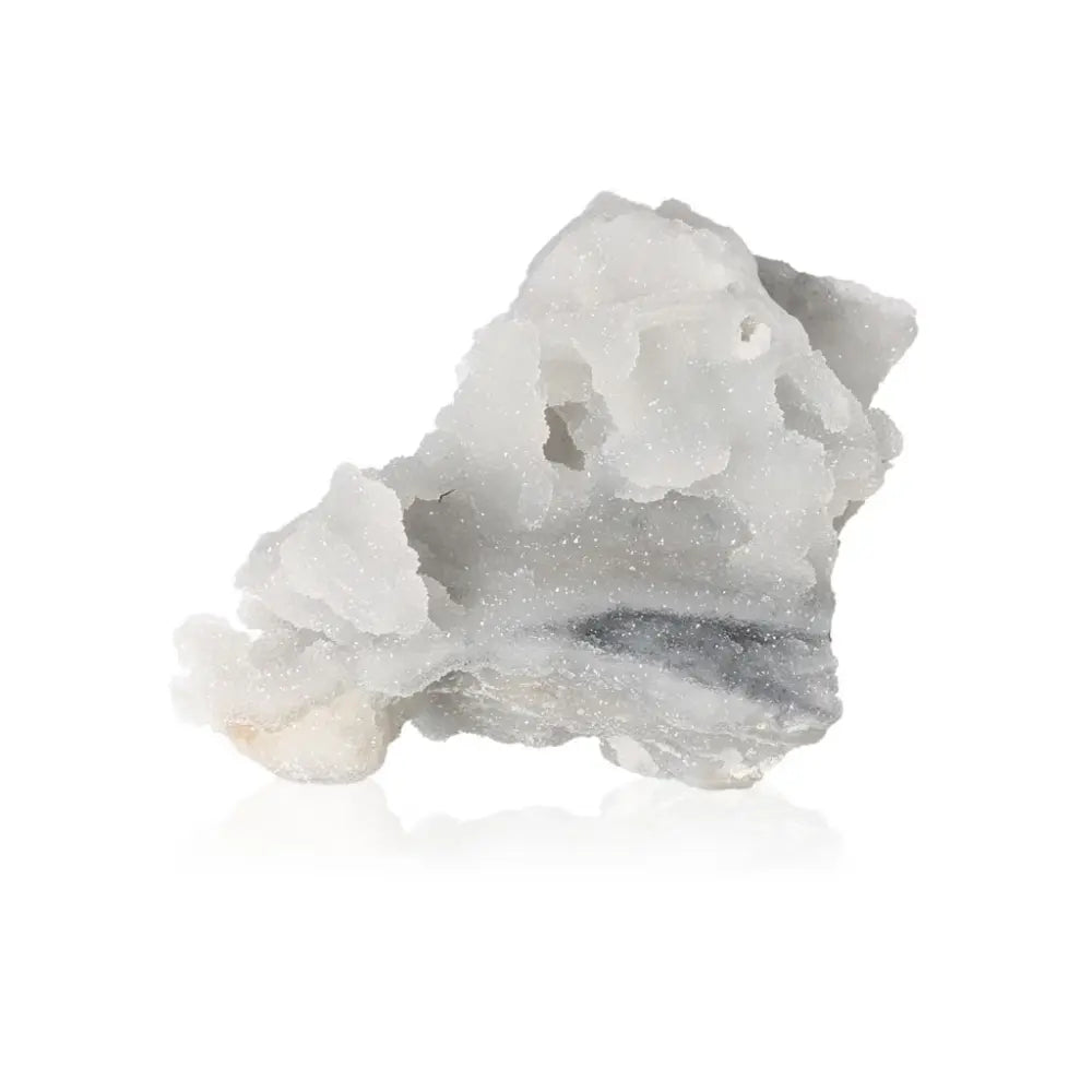 Chalcedony stone on white background showcasing its translucent beauty and soothing energy, known for harmony and emotional healing.