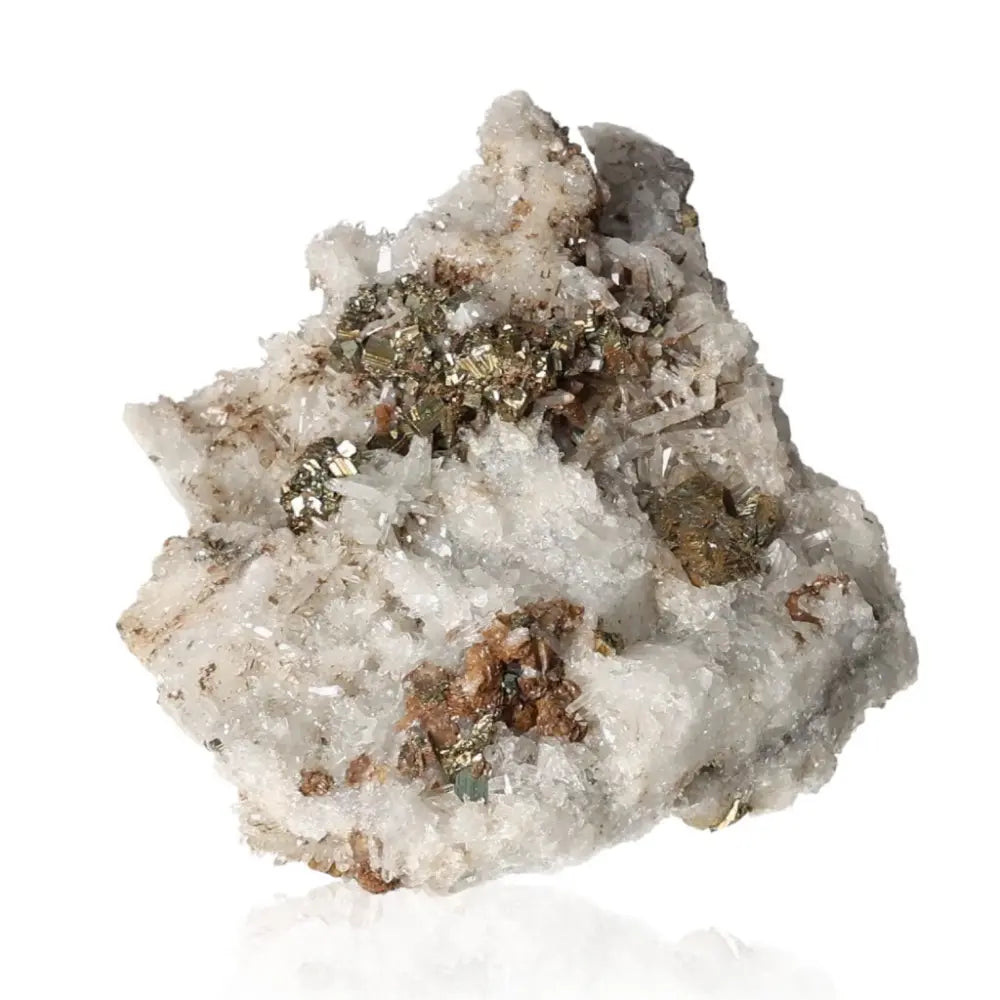 Pyrite with quartz and chalcopyrite mineral cluster showcasing its metallic luster and natural beauty, ideal for collectors and enthusiasts.