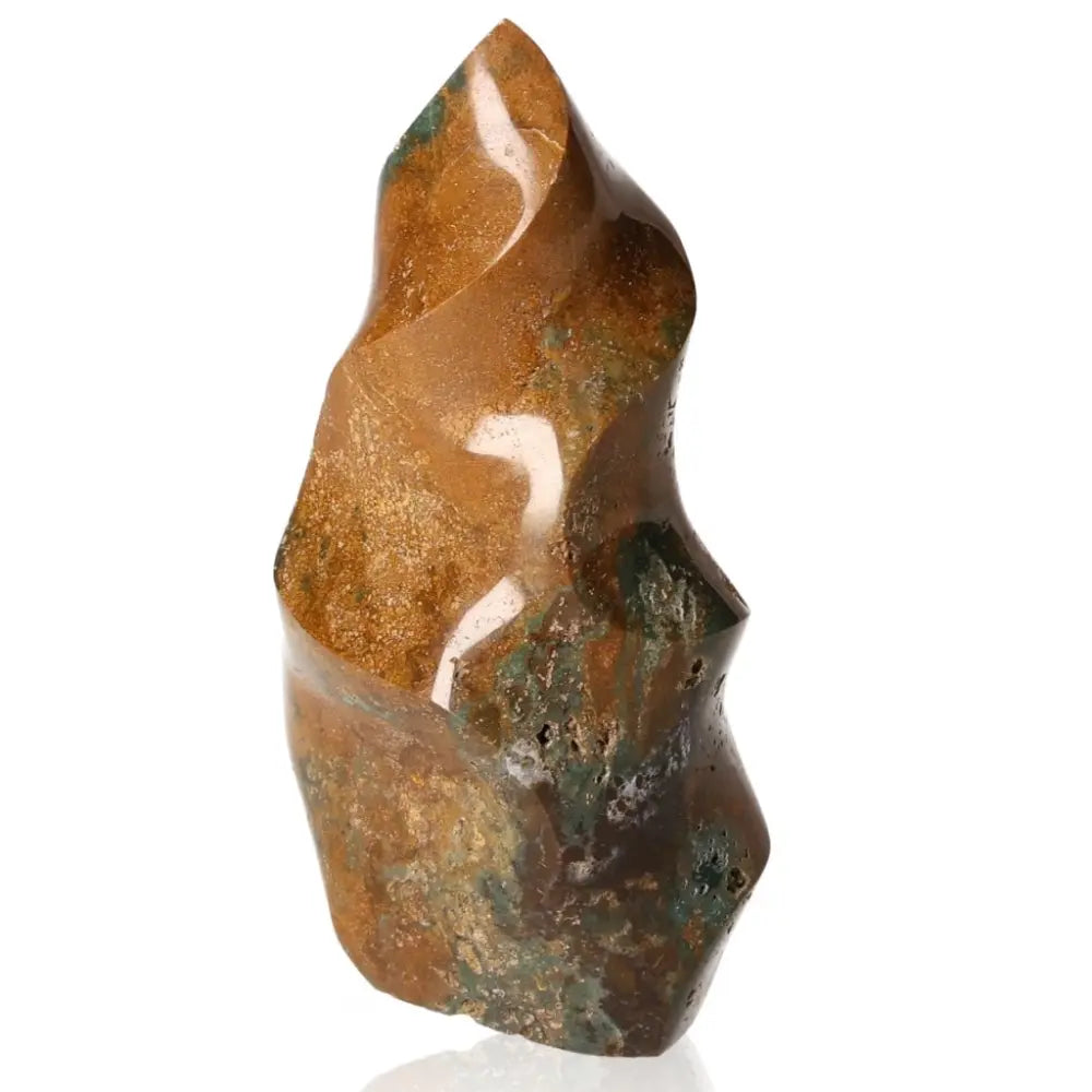Ocean Jasper Flame crystal sculpture, embodying serene oceanic tranquility and emotional healing, with earthy and oceanic tones.