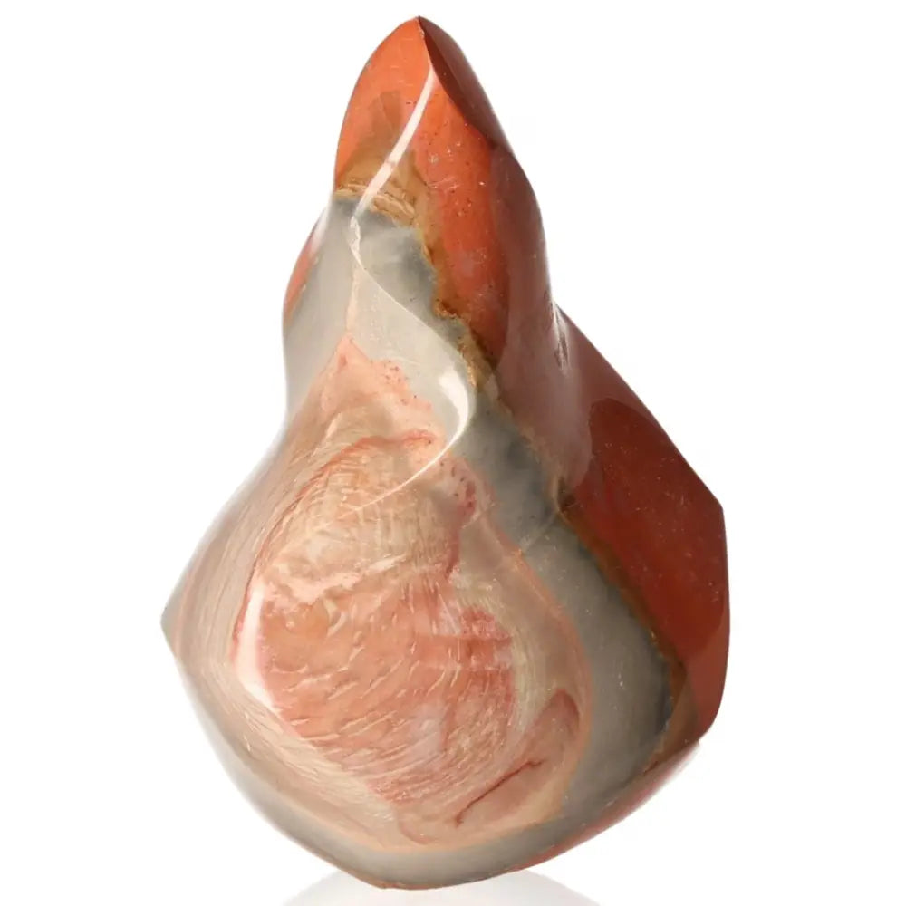 Polychrome Jasper Flame featuring vibrant hues of red, orange, brown, and gray, showcasing unique natural patterns.