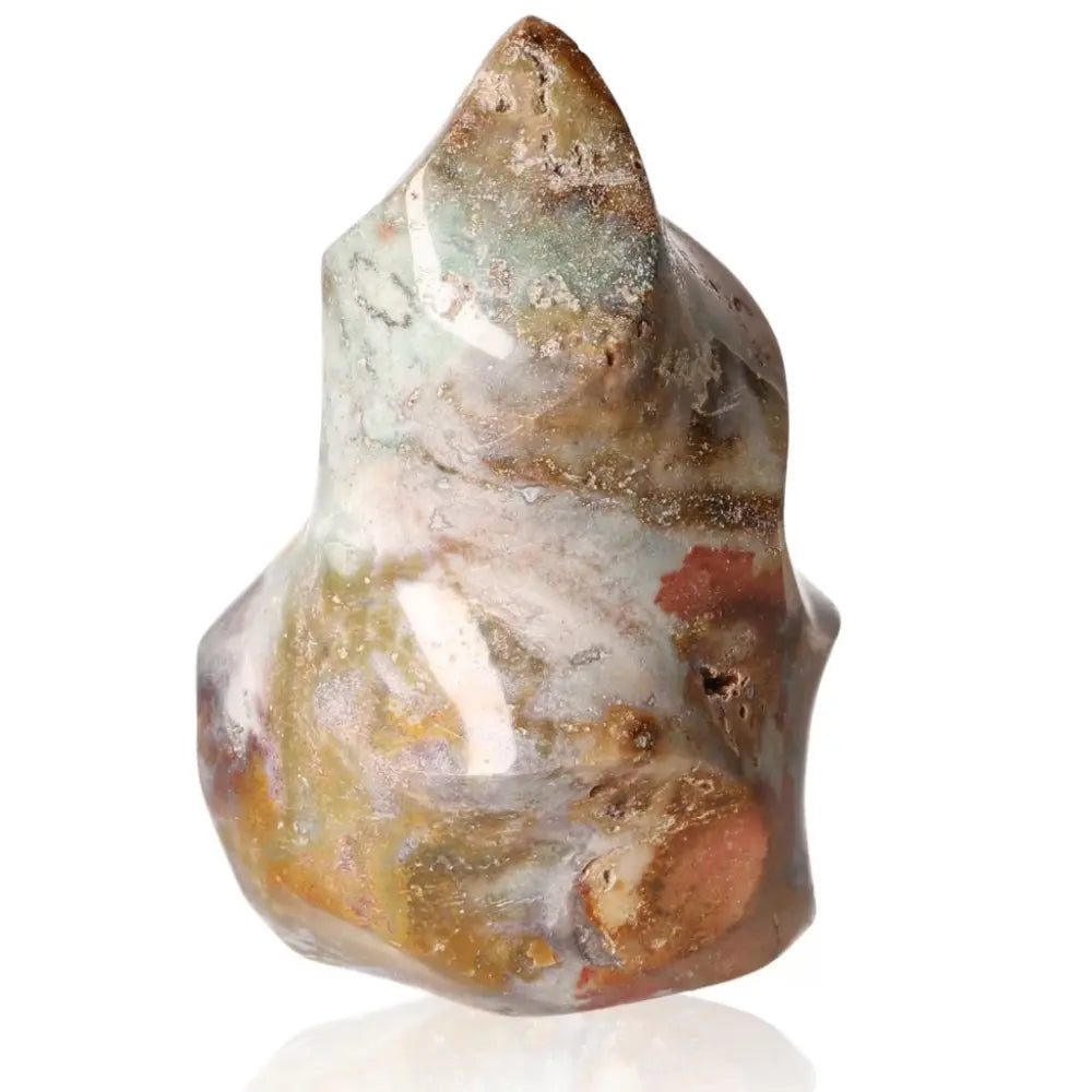 Ocean Jasper Flame crystal with unique patterns, embodying tranquility and spiritual energy, ideal for protection and meditation.