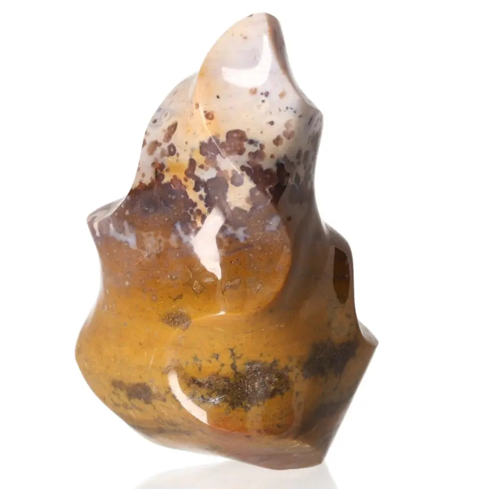 Jasper Flame crafted from rare Ocean Jasper, offering spiritual protection and tranquility. Sylvia Crystals' unique gemstone piece.