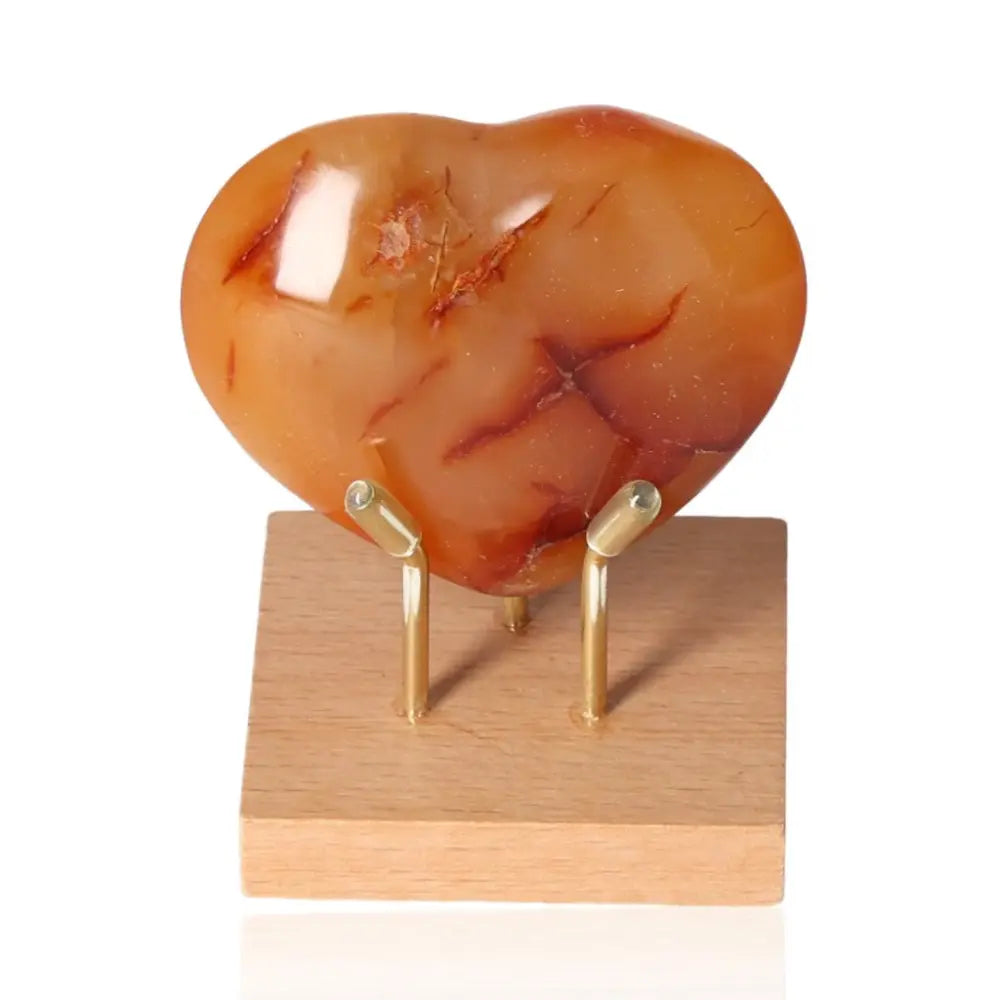 Carnelian Heart gemstone on display stand with vibrant orange-red hues, ideal for jewelry, meditation, and home décor.