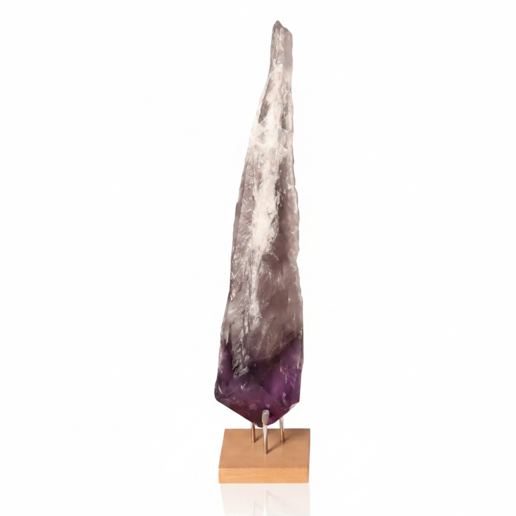 Natural Amethyst Point gemstone on display stand, showcasing its genuine crystal formation for mental clarity and emotional balance.