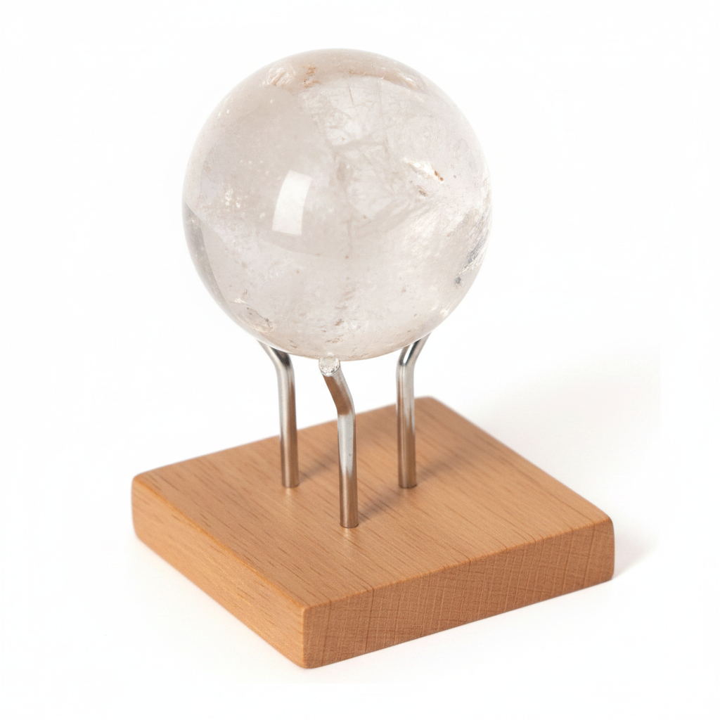 Lemurian Quartz Sphere by Sylvia Crystals on display, showcasing its clarity and elegance on a wooden stand.