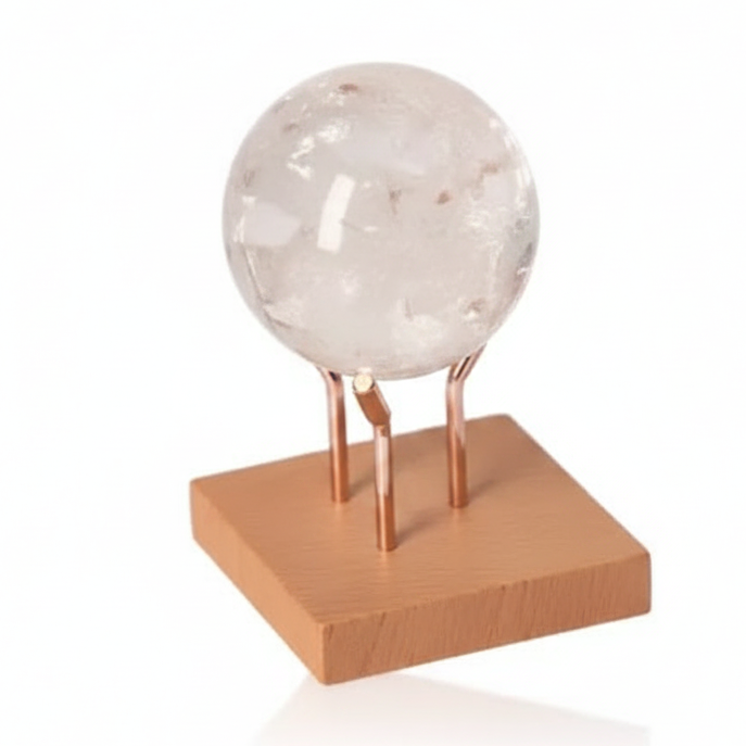 Lemurian Quartz Sphere with clear crystal on wooden stand, enhancing energy flow and tranquility in any space.