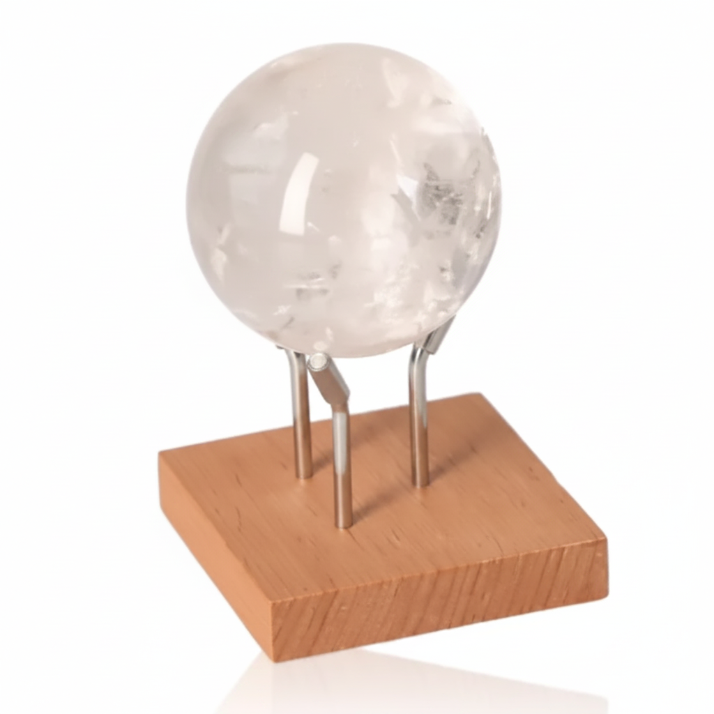 Lemurian Quartz Sphere on wooden stand showcasing its clear, ethereal beauty and energetic properties.