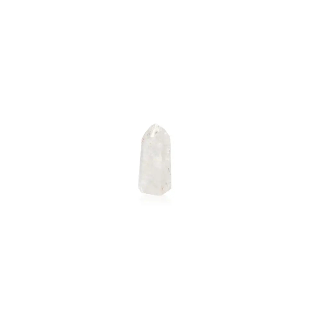 Close-up of a single clear Lemurian quartz crystal against a white background, showcasing its natural beauty and mystical charm.