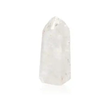 Close-up of a single clear Lemurian quartz crystal against a white background, showcasing its natural beauty and mystical charm.