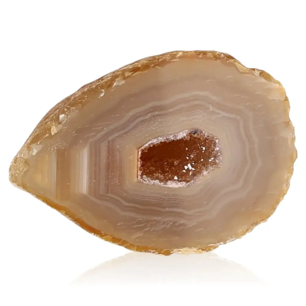 Mini Agate Geode gemstone with soothing, calming properties shown in sliced view, ideal for balance, security, and grounding energies.
