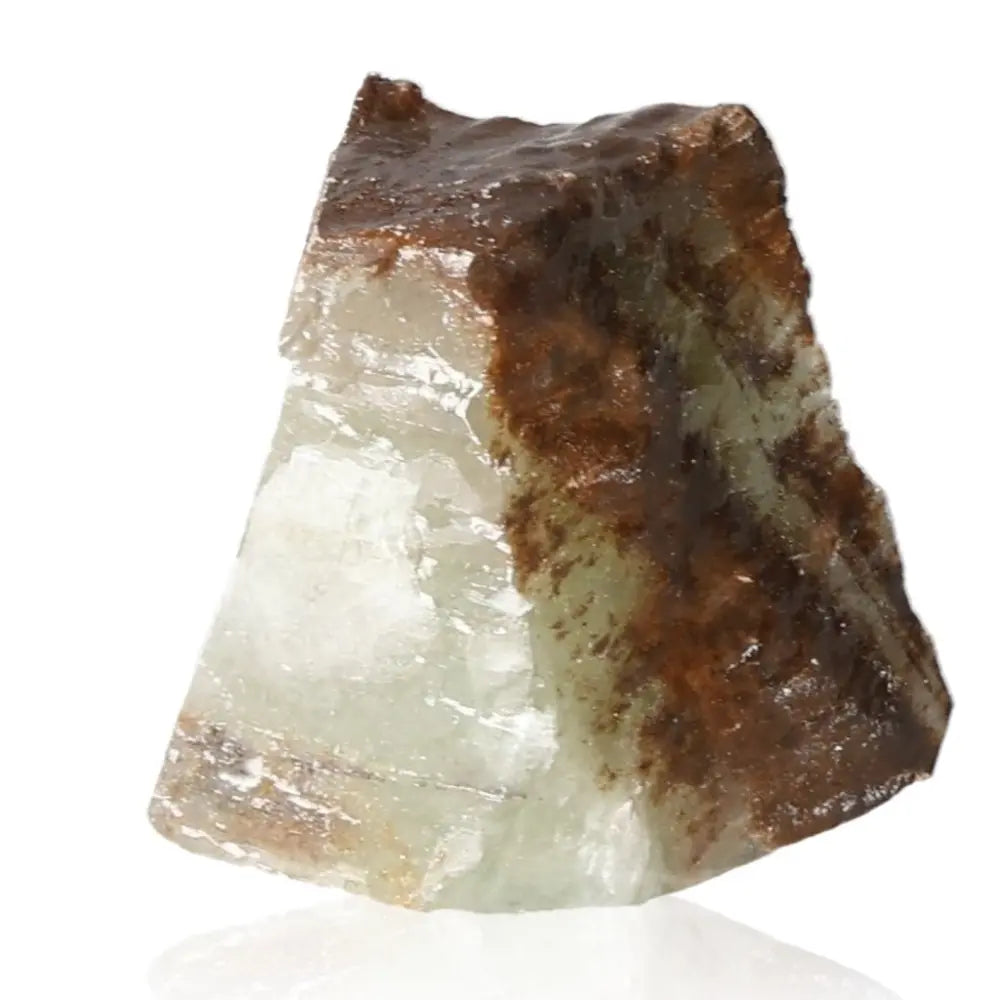 Green Calcite Crystal with earthy tones, known for renewal, emotional healing, connected to heart energy, perfect for personal growth.