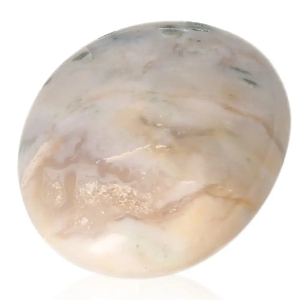 Polished banded agate tumbled stone with natural color variations and intricate patterns