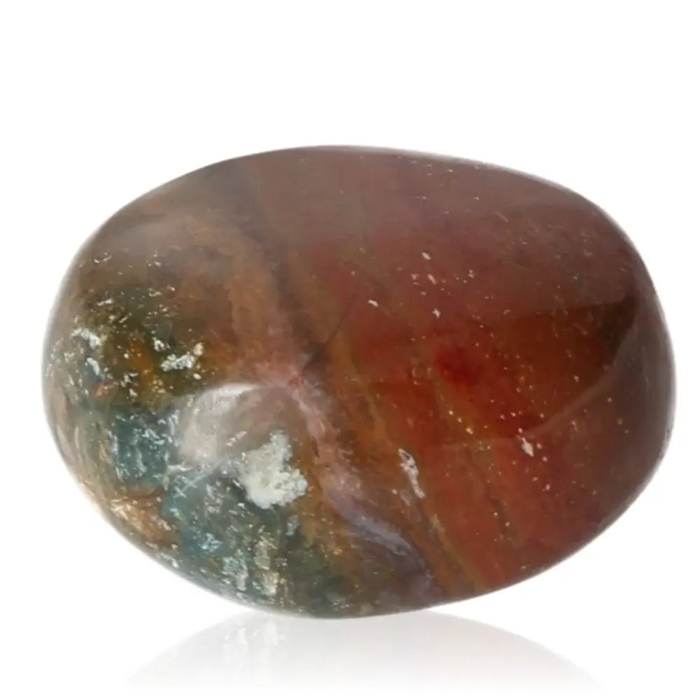Smooth tumbled jasper stone displaying earthy colors, perfect for enhancing peace and spiritual harmony.