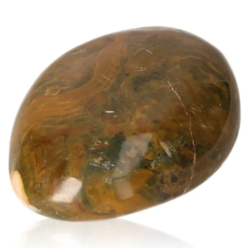 Tumbled Jasper gemstone with blue and golden tones, symbolizing courage and spiritual enlightenment, crafted from Nellite.