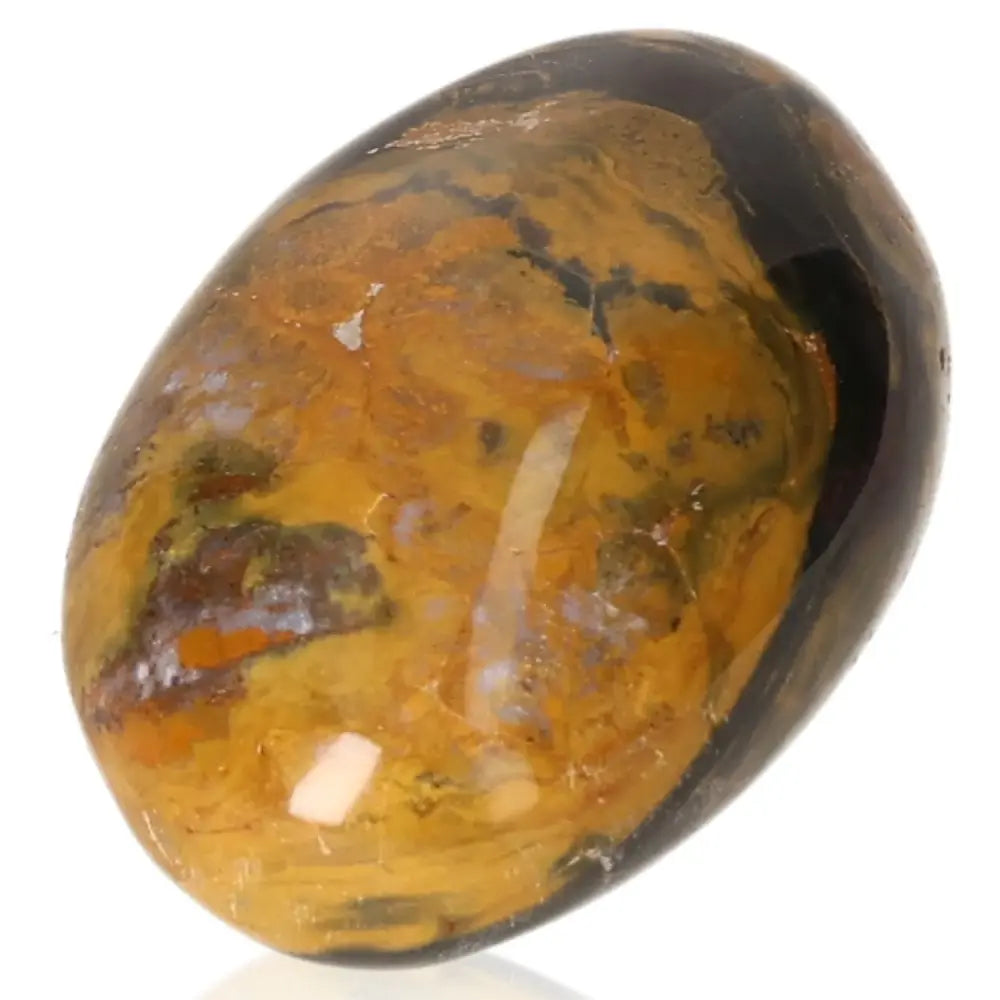Tumbled Jasper gemstone displaying vibrant blue and golden tones, enhancing spiritual clarity and courage.