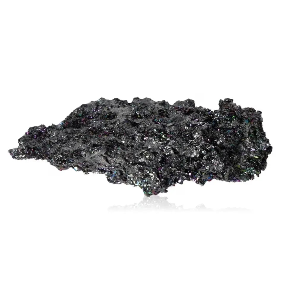 Shimmering Carborundite Silicon Carbide mineral with rainbow-like surface, known for energy amplification and crystalline structure.