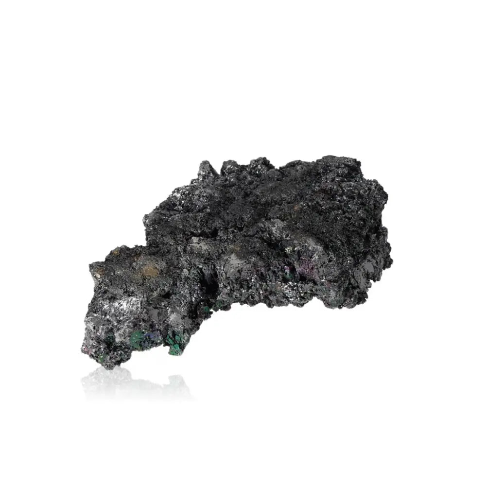 Silicon Carbide Carborundite, a shimmering black stone known for energy amplification and transformation, on a white background.