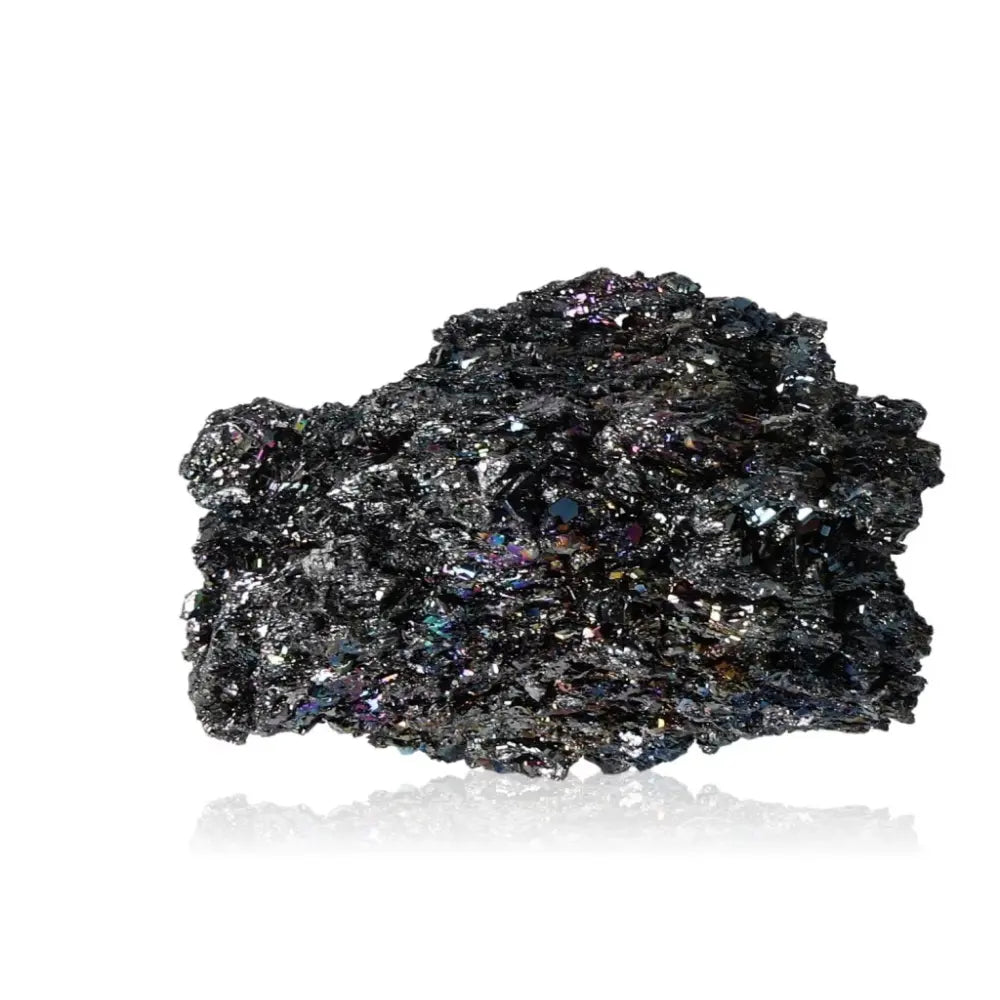 Carborundite mineral with a shimmering rainbow surface, displaying its unique crystalline structure and high-energy amplification properties.