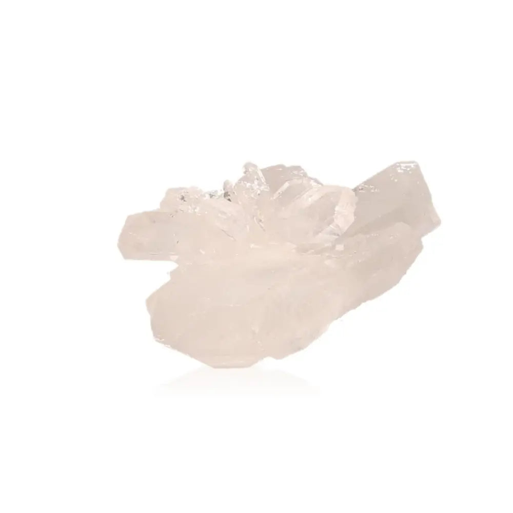 Rough Crystal Quartz Cluster, a spiritual decoration enhancing energy and clarity, over a white background.