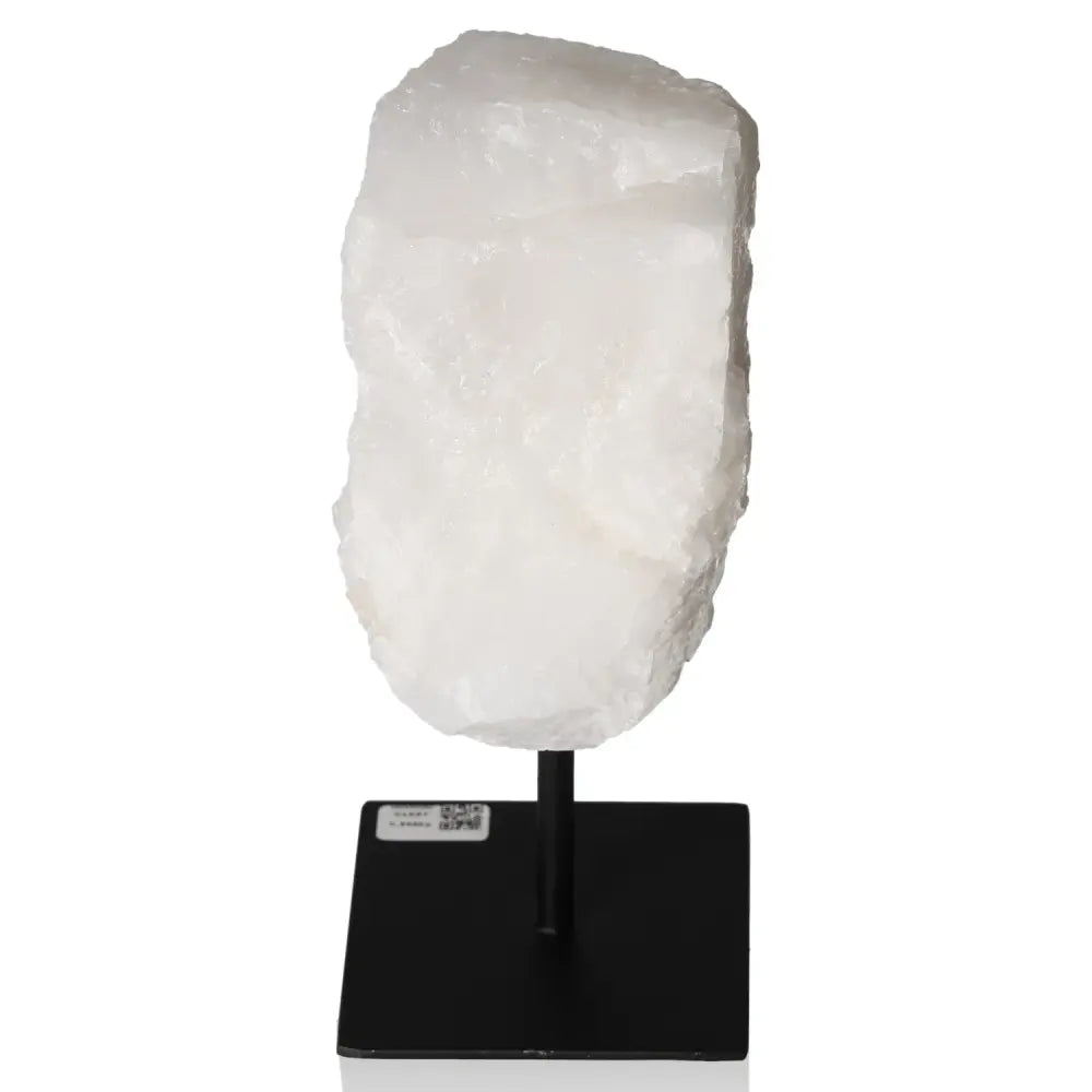Cut Milky Quartz on Metal Stand from Sylvia Crystals, featuring cloudy opaque white quartz with unique microscopic inclusions.