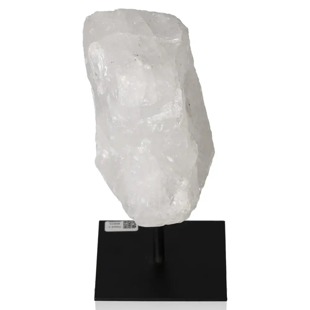 Cut Milky Quartz on Metal Stand from Sylvia Crystals, perfect for spiritual purification and enhancing decor elegance.