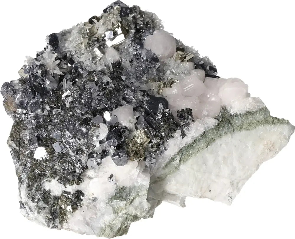 Manganocalcite specimen with Sphalerite, Galena, Quartz, Pyrite showcasing natural beauty and Sylvia Crystals' craftsmanship.