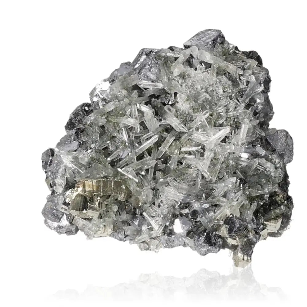 Premium handpicked Pyrite with Quartz and Galena crystal cluster, offering spiritual balance and cosmic harmony by Sylvia Crystals.