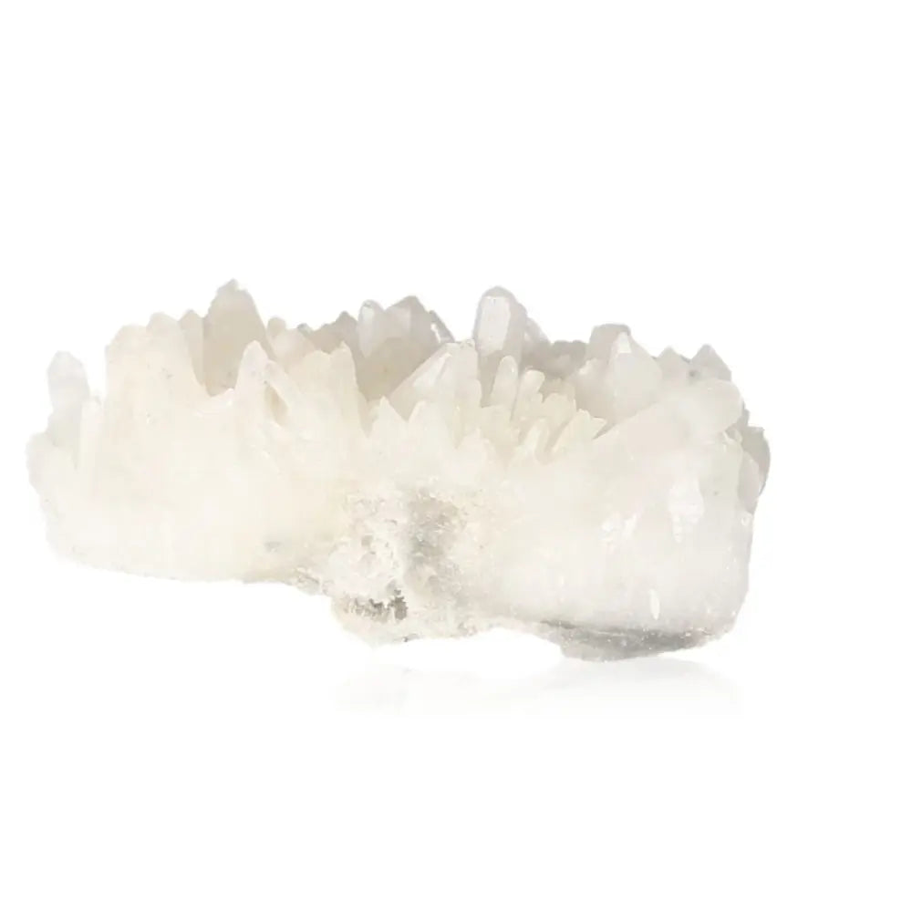 White quartz crystal cluster showcasing multifaceted beauty, perfect for chakra alignment and spiritual enhancement.