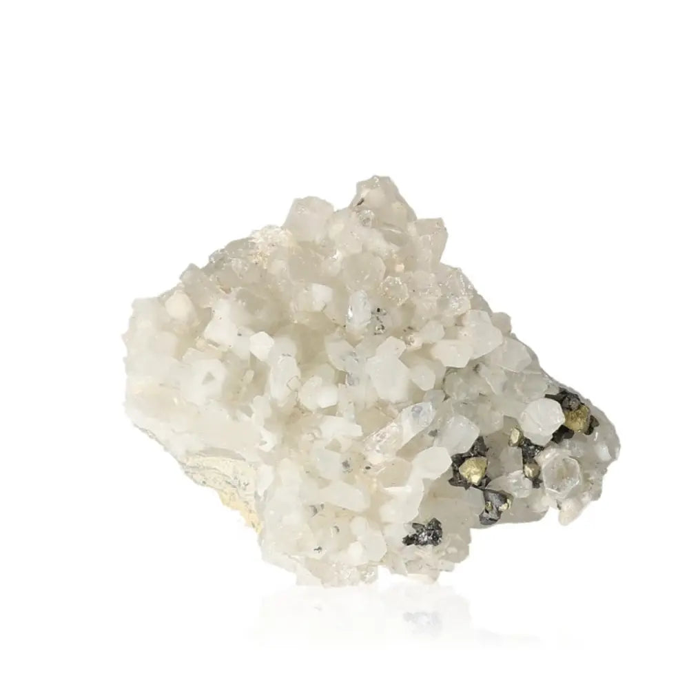 Quartz with Chalcopyrite mineral from Sylvia Crystals, showcasing shimmering quartz and golden chalcopyrite for spiritual harmony.