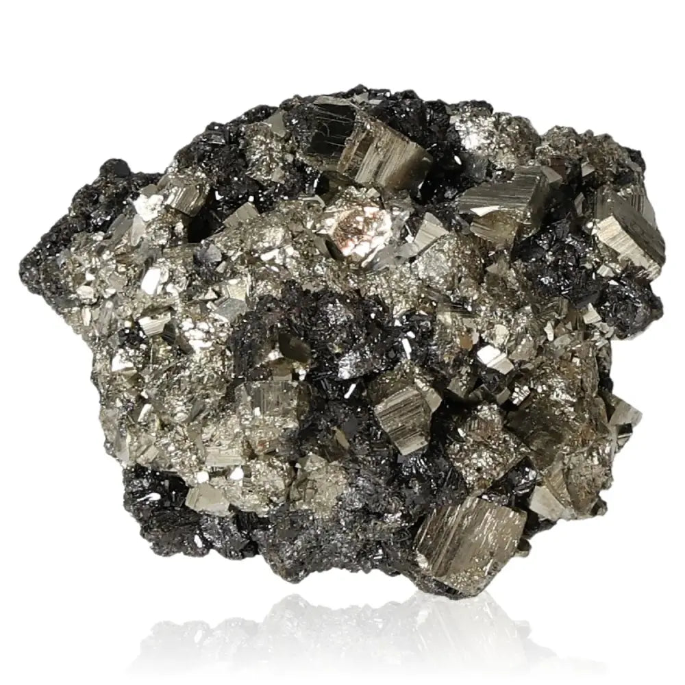 Alt Tag: Pyrite with Sphalerite mineral cluster from Sylvia Crystals, showcasing metallic shimmer and spiritual grounding properties.