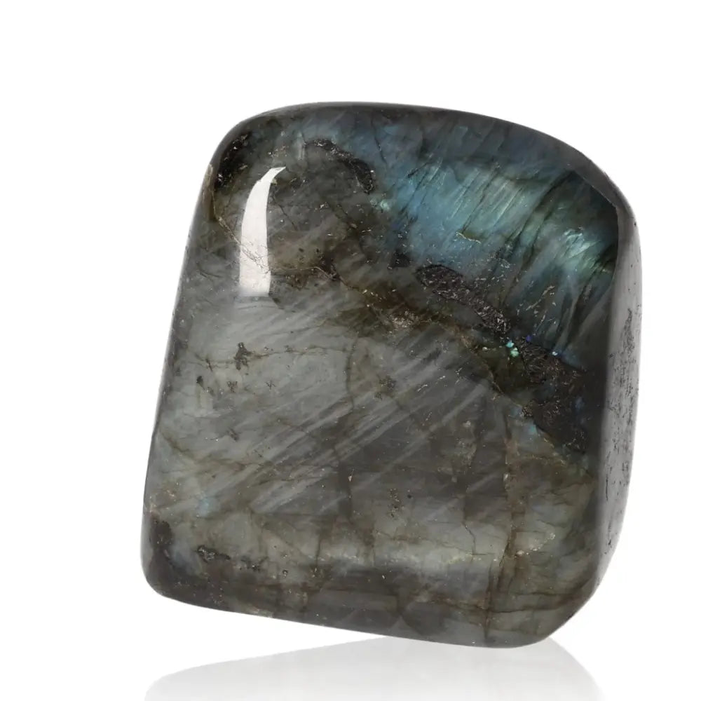 Polished Cut Base Labradorite by Sylvia Crystals showcasing natural iridescent hues and elegant craftsmanship.