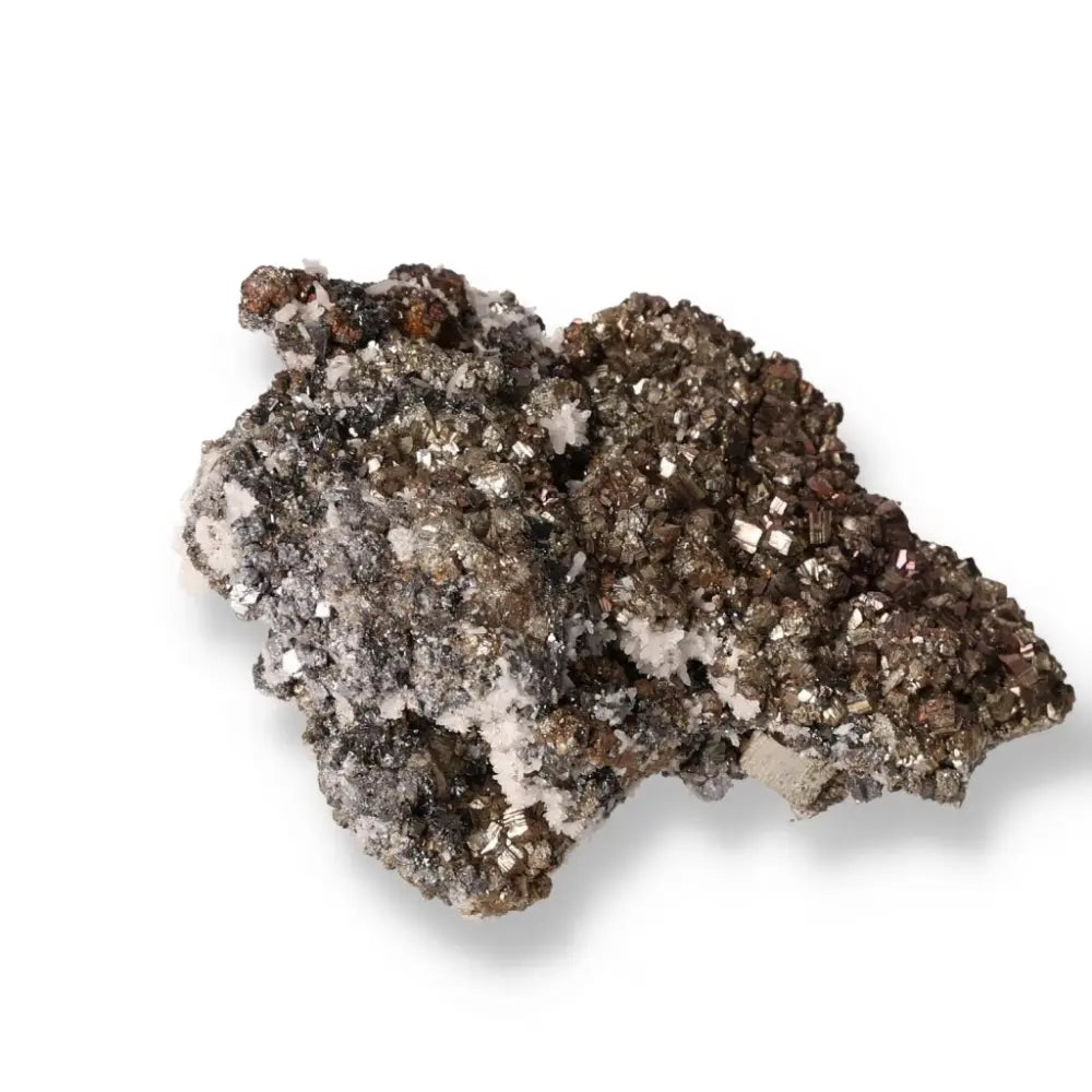 Chalcopyrite healing crystal with shimmering surface, enhances psychic abilities and alleviates stress for a tranquil, confident mindset.