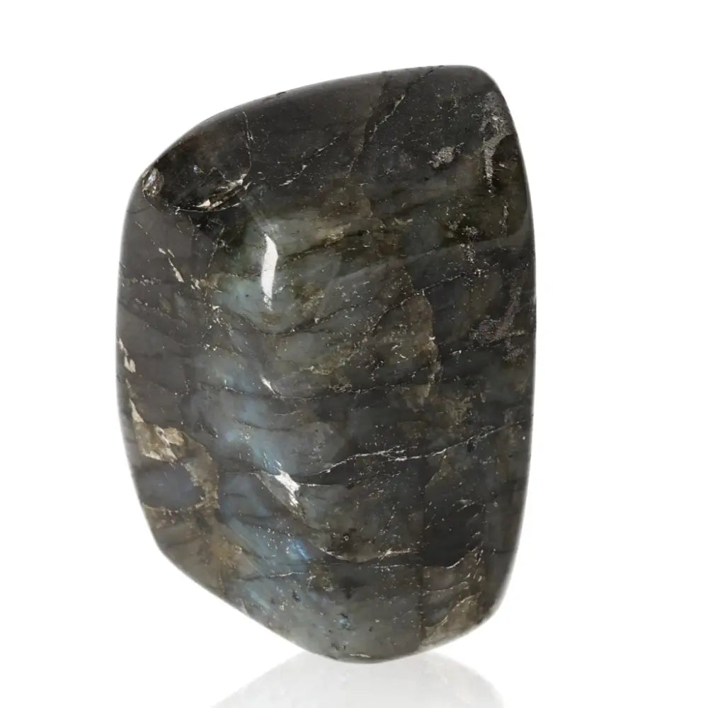 Labradorite polished cut base by Sylvia Crystals, showcasing natural beauty and vibrant flashes of color, ethically sourced elegance.