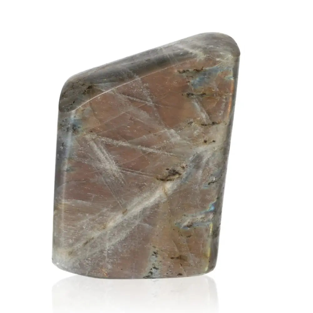 Polished cut base labradorite crystal by Sylvia Crystals showcasing natural iridescent colors and sleek design.