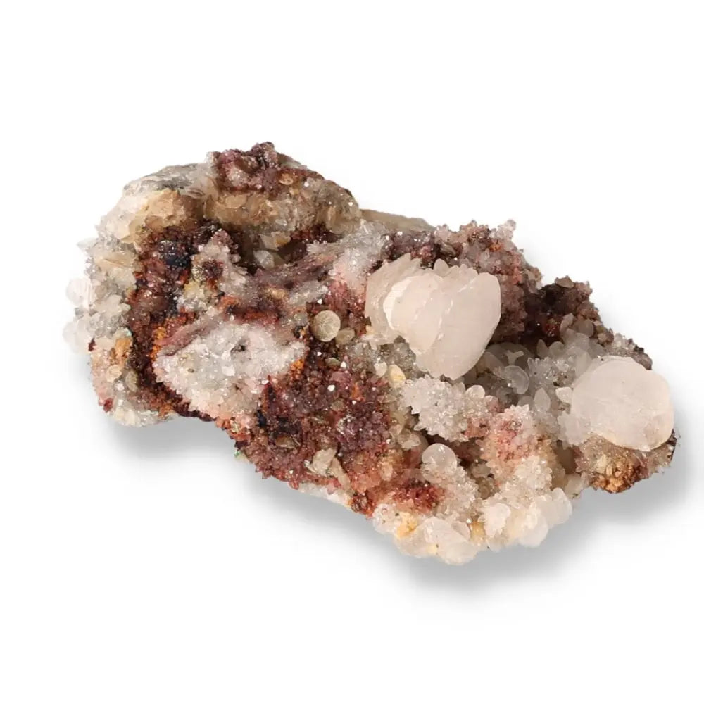 Calcite cluster with Quartz, Pyrite, Goethite from Sylvia Crystals, showcasing natural beauty and spiritual elevation.