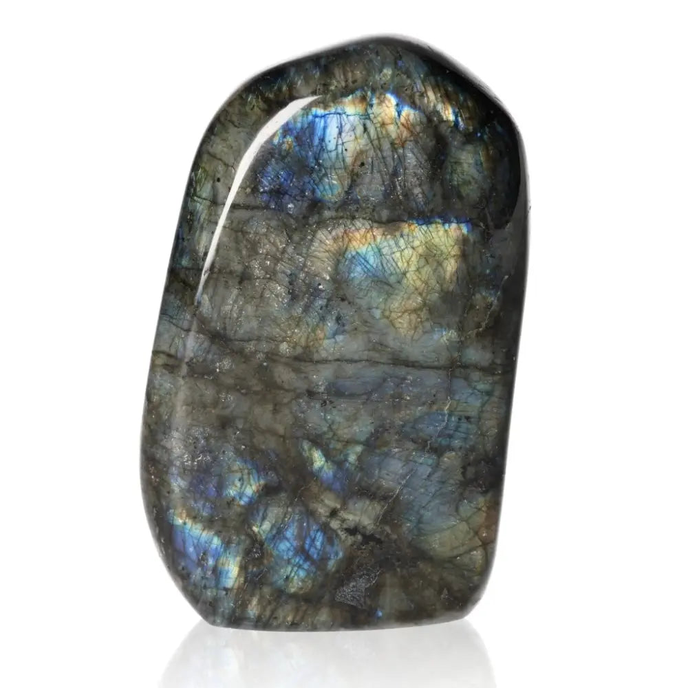 Polished Labradorite Cut Base by Sylvia Crystals with mesmerizing colors, elegantly crafted for energy and elegance.