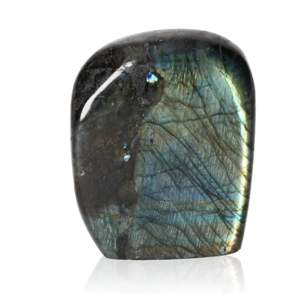 Polished Cut Base Labradorite by Sylvia Crystals with vibrant color flashes, showcasing natural beauty and elegance.