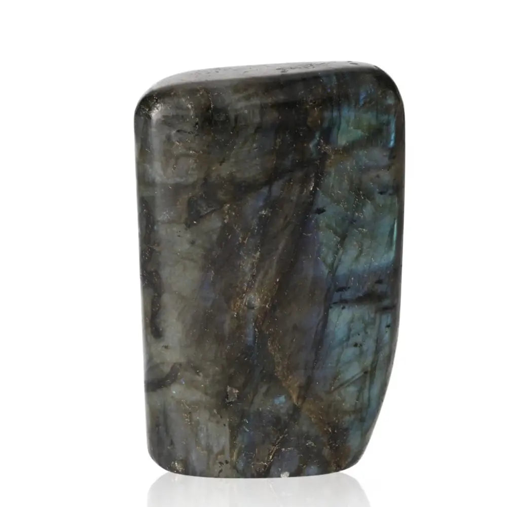 Labradorite Polished Cut Base by Sylvia Crystals with vibrant flashes, crafted from ethically sourced natural stone.