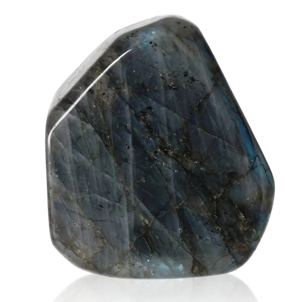 Labradorite polished cut base by Sylvia Crystals, featuring natural flashes of color and sleek design. Ethically sourced, 100% natural crystal stone.