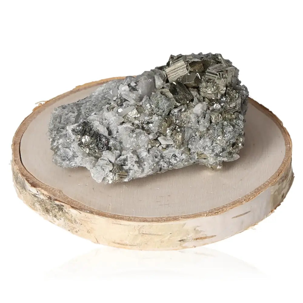 Pyrite with Quartz and Sphalerite on wooden base, showcasing the golden shimmer, translucent clarity, and deep tones of the mineral specimen.