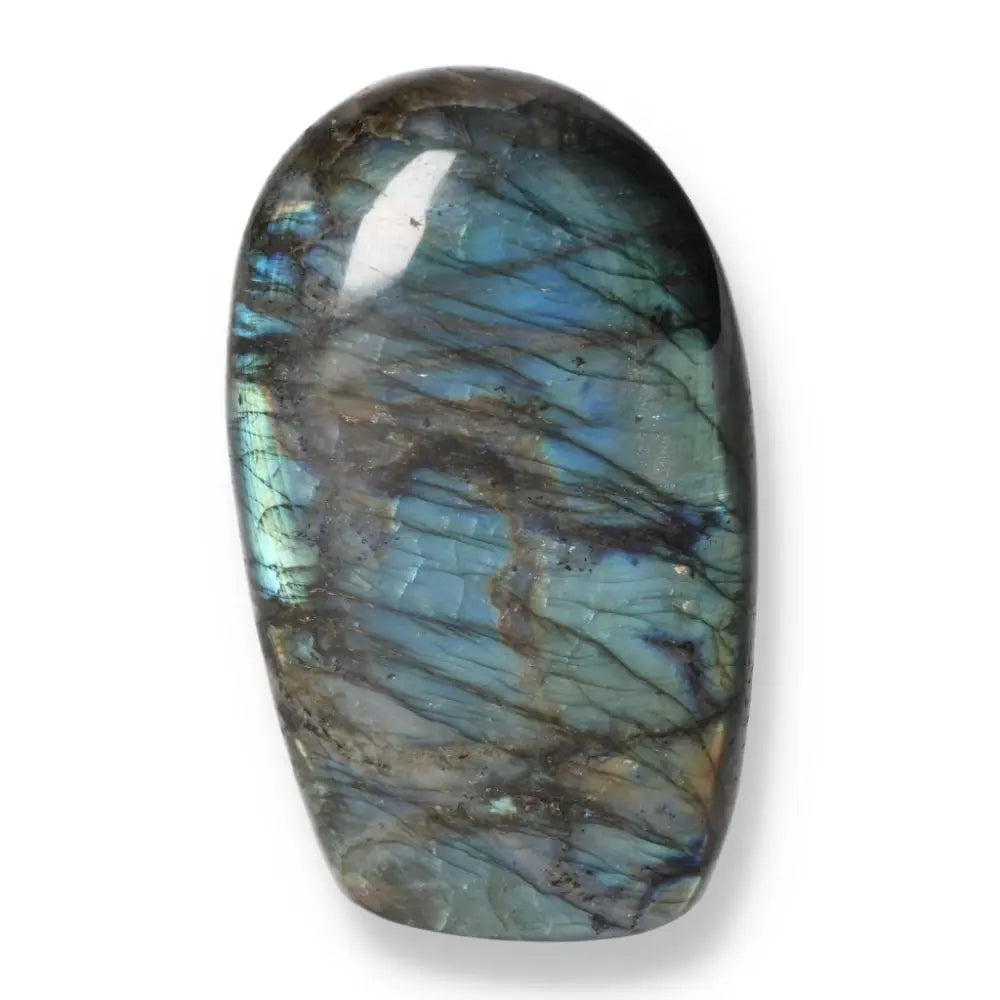 Polished Cut Base Labradorite by Sylvia Crystals showcasing colorful flashes and sleek design, ideal for energy and elegance.