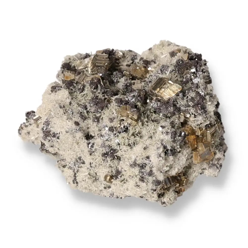 Pyrite with quartz and sphalerite gemstone from Sylvia Crystals, showcasing vibrant energy and grounding properties.