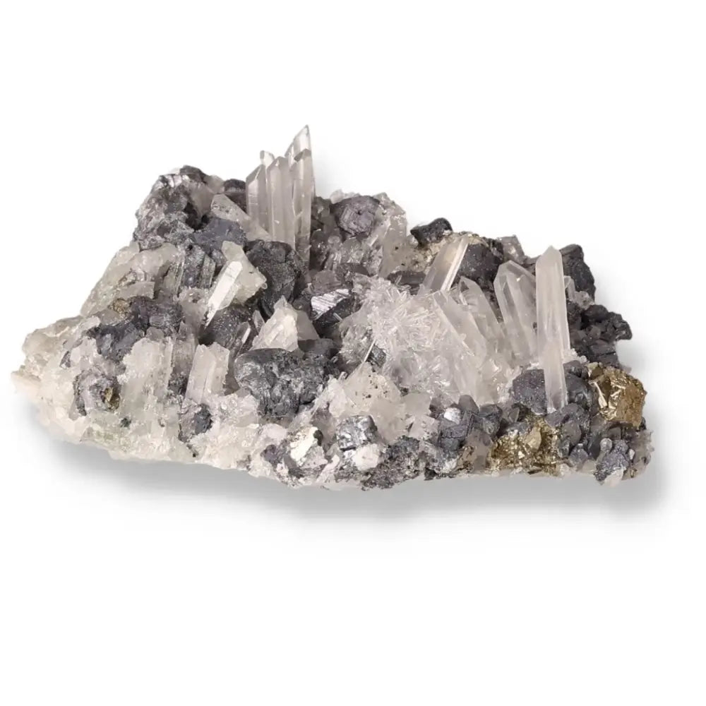 Galena with Quartz mineral specimen showcasing metallic and shimmering crystal formations.